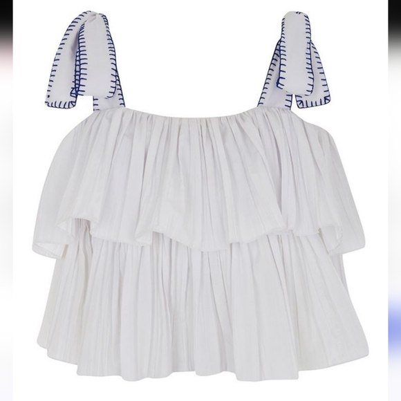 WOMEN'S SALONI WHITE & BLUE STITCH TOP KNOT TANK TOP SHIRT BLOUSE $200 Sz 8 - Picture 1 of 5